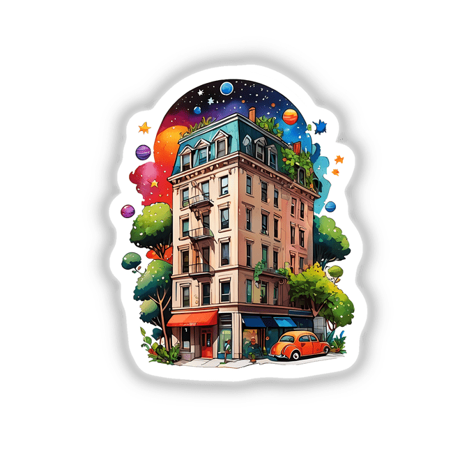 NYC Building Floating in Space: Vibrant Plant-Filled Cosmic Sticker Design with Stars and Planets, featuring a cartoon building with trees, cars, and celestial elements.