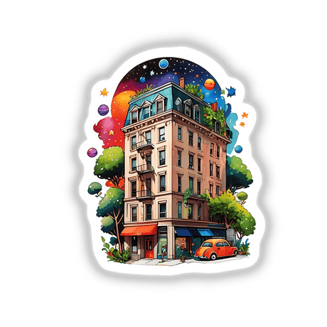 NYC Building Floating in Space: Vibrant Plant-Filled Cosmic Sticker Design with Stars and Planets, featuring a cartoon building with trees, cars, and celestial elements.