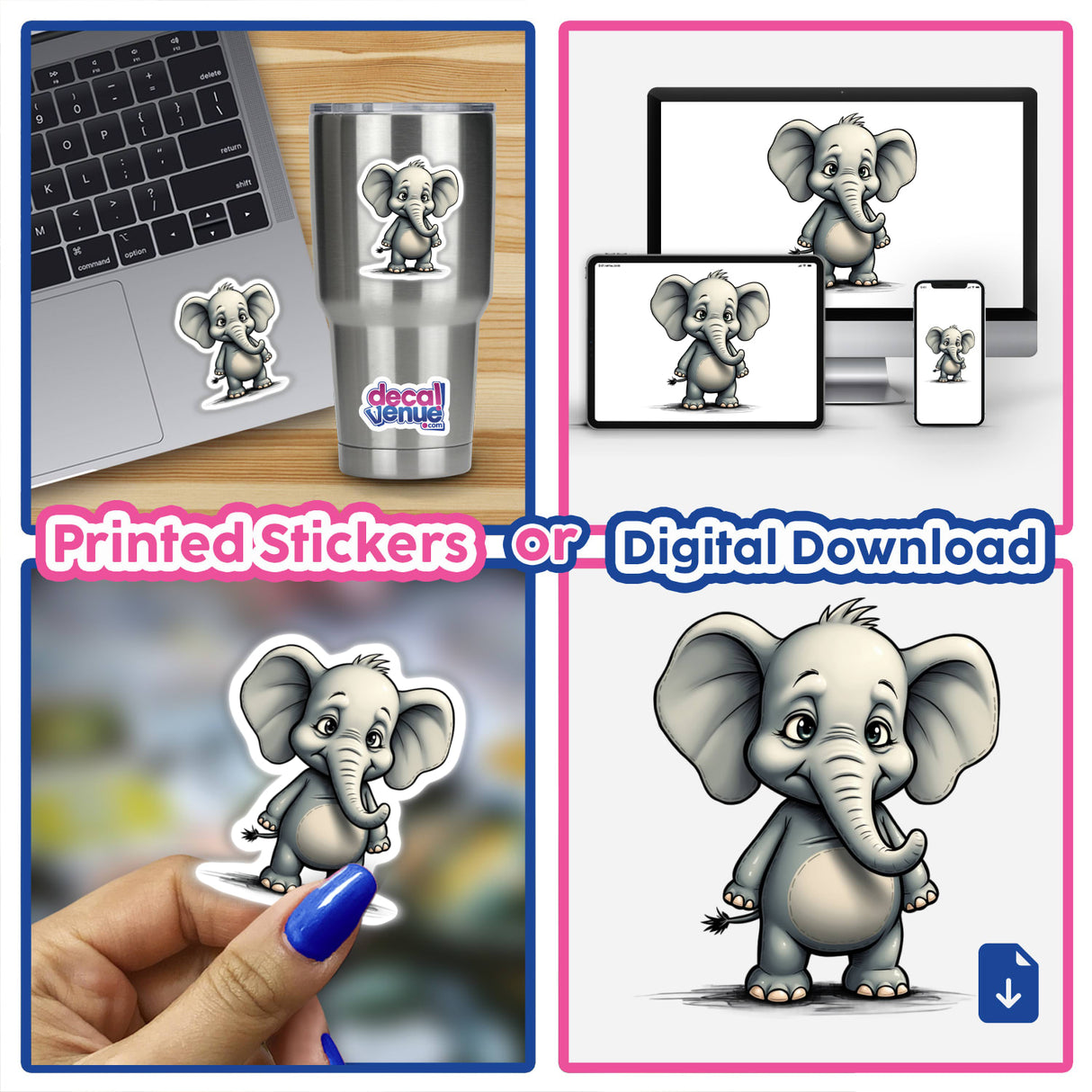 Cute Cartoon Baby Elephant with Big Ears collage featuring various playful poses, including standing on a blue object and depicted on a laptop. Available as stickers or digital artwork.