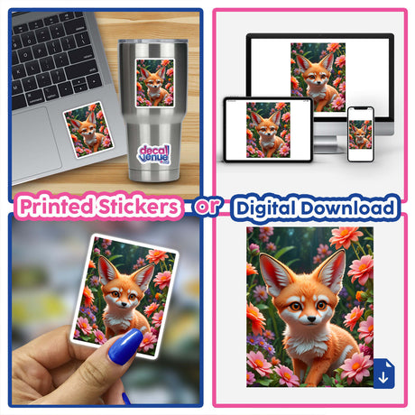 A collage showcasing A Cute Fennec Fox In A Blooming Garden on digital prints and laptop stickers, featuring the charming fox amidst vibrant flowers, highlighting Decal Venue's unique vinyl stickers and digital art.