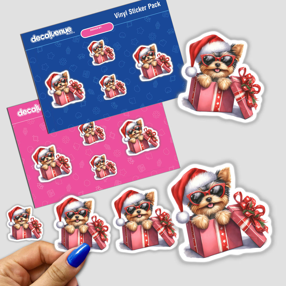 Christmas Lights Santa Sunglasses Yorkie Dog in Gift Box sticker pack, featuring a cartoon dog wearing sunglasses and a Santa hat, embodying Decal Venue's unique sticker and digital art offerings.