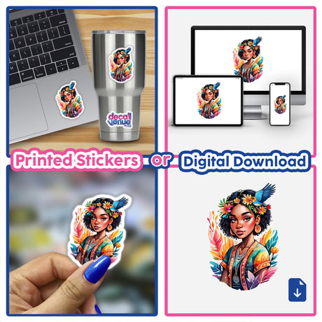 Boho Chic Afro Woman: Free-Spirited Wanderer Sticker featuring a woman with flowers in her hair, laptop, and bohemian accessories, available as a sticker or digital artwork.