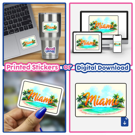 Collage of a laptop displaying Florida Miami Beach USA sticker, showcasing vibrant beach-themed digital artwork, available as unique stickers from Decal Venue.