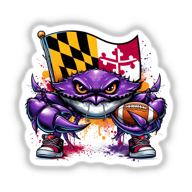 Maryland Flag Purple Crab Football Player sticker features a whimsical purple crab holding a flag and football, ideal for sports fans and art enthusiasts. Available as stickers or digital artwork.