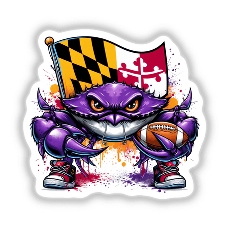 Maryland Flag Purple Crab Football Player sticker features a whimsical purple crab holding a flag and football, ideal for sports fans and art enthusiasts. Available as stickers or digital artwork.