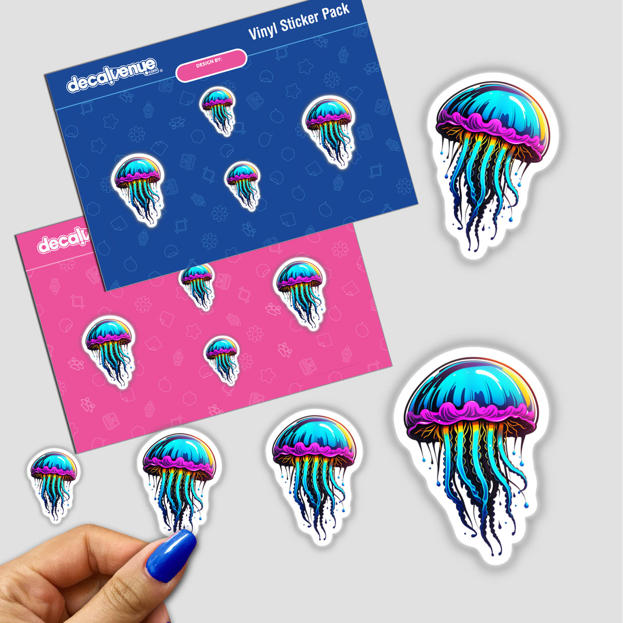 A Blue Jellyfish sticker featuring intricate jellyfish designs with long tentacles, available as unique stickers or digital artwork, ideal for adding a touch of marine elegance.