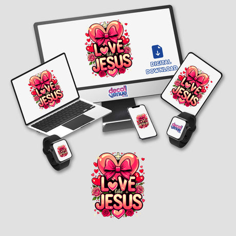 Love Like Jesus Valentine Hearts stickers featuring a computer monitor, laptop, and phone with heart and logo designs, available as unique digital artwork from Decal Venue.