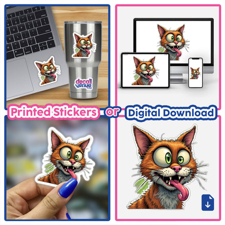 Collage showing the Gato Caolha sticker on a laptop, featuring a cartoon cat with its tongue out, available as a sticker or digital artwork.