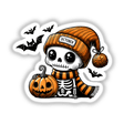 Halloween Skeleton with bats holding a pumpkin, available as stickers or digital artwork from Decal Venue.