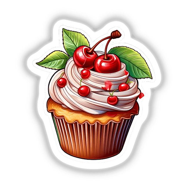 Delicious cherry-topped cupcake with creamy frosting and vibrant green leaves on a white background.