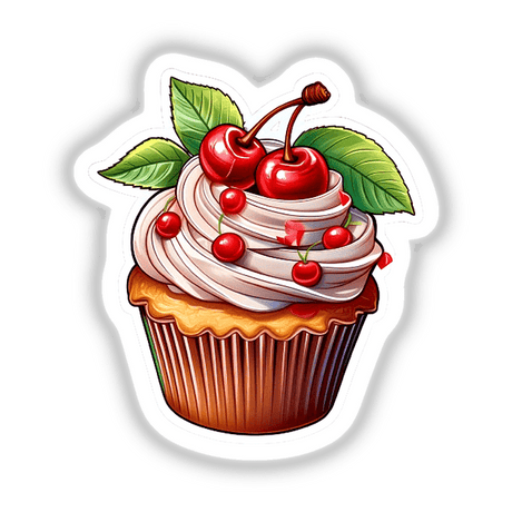 Delicious cherry-topped cupcake with creamy frosting and vibrant green leaves on a white background.