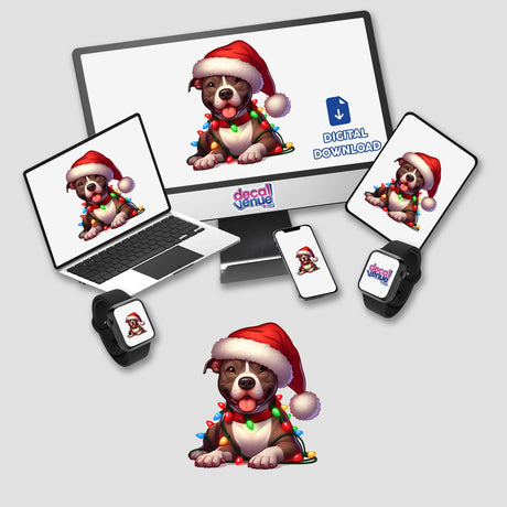 Happy Christmas Santa Pitbull Dog Tangled Lights displayed on a computer screen and laptop, available as stickers or digital artwork from Decal Venue.