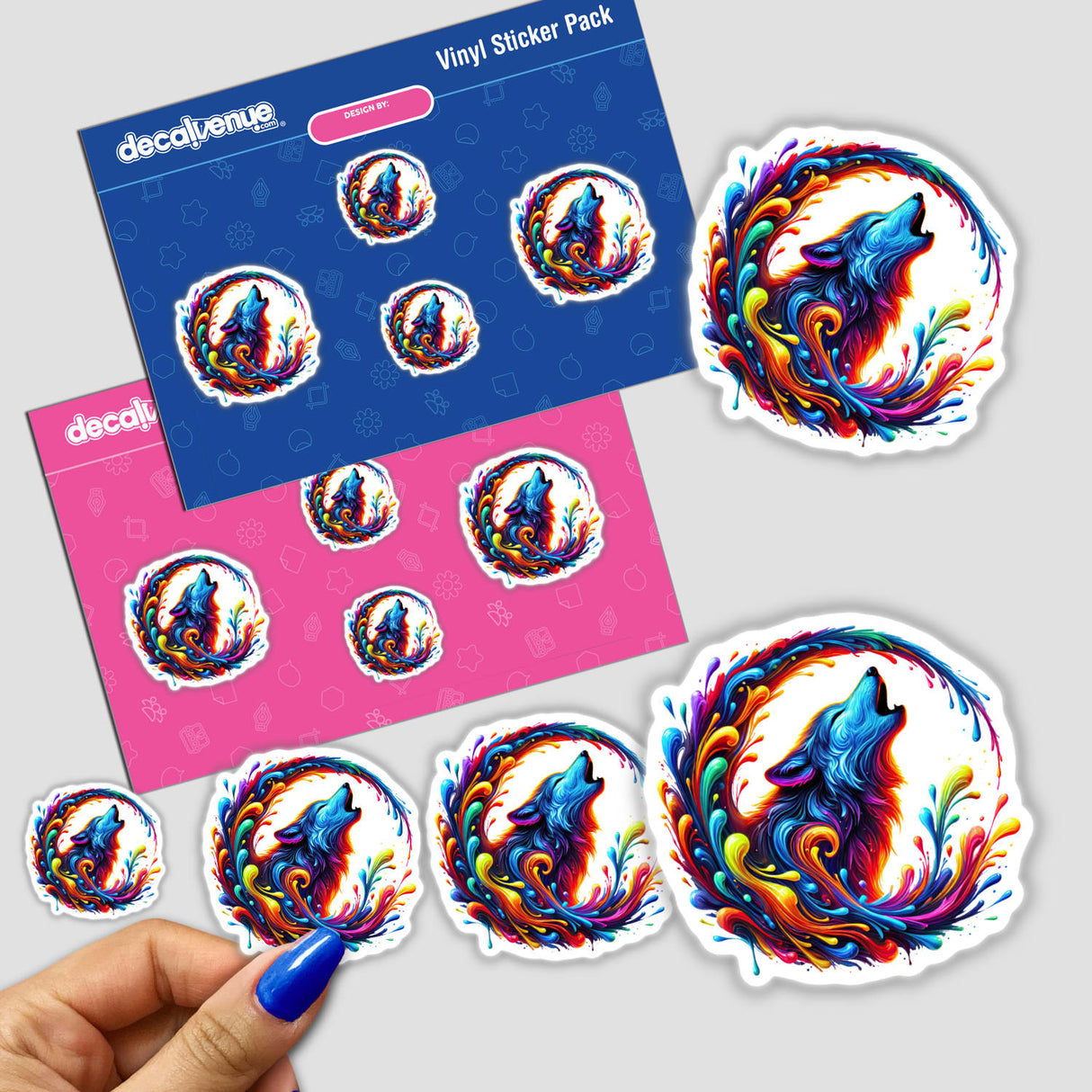 Psychedelic Howling Wolf sticker featuring a vibrant, colorful drip moon design, showcasing a swirling paint effect. Available as a sticker or digital artwork from Decal Venue.