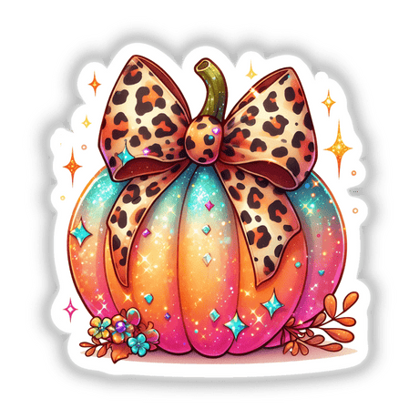 Colorful digital artwork with a vivid watercolor pumpkin decorated with a leopard-patterned bow and surrounded by sparkling stars, flowers, and foliage.