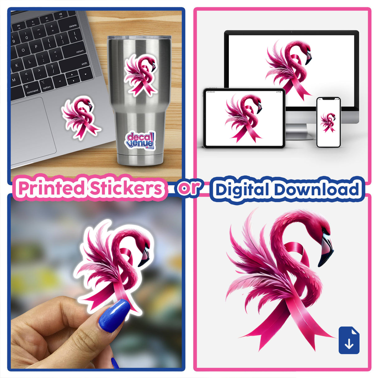 Flamingo Bird Pink Ribbon Breast Cancer stickers or digital artwork, featuring various pink flamingo designs with ribbons, ideal for laptops and other surfaces.