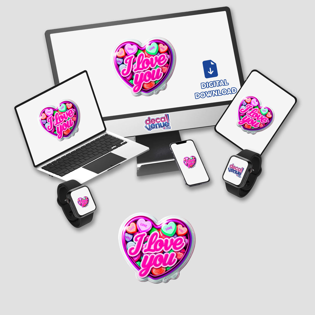 I Love You Valentine's Day Heart sticker displayed on a computer monitor and laptop, showcasing a heart-shaped design. Available as stickers or digital artwork from Decal Venue.