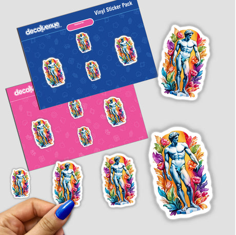 Sticker Design: Majestic Greek God Marble Statue with Rainbow Floral Splash, shown held in a person's hand.