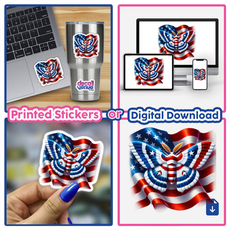 Patriotic moth with American flag inspired design on printed stickers and digital art displayed on various devices and products.