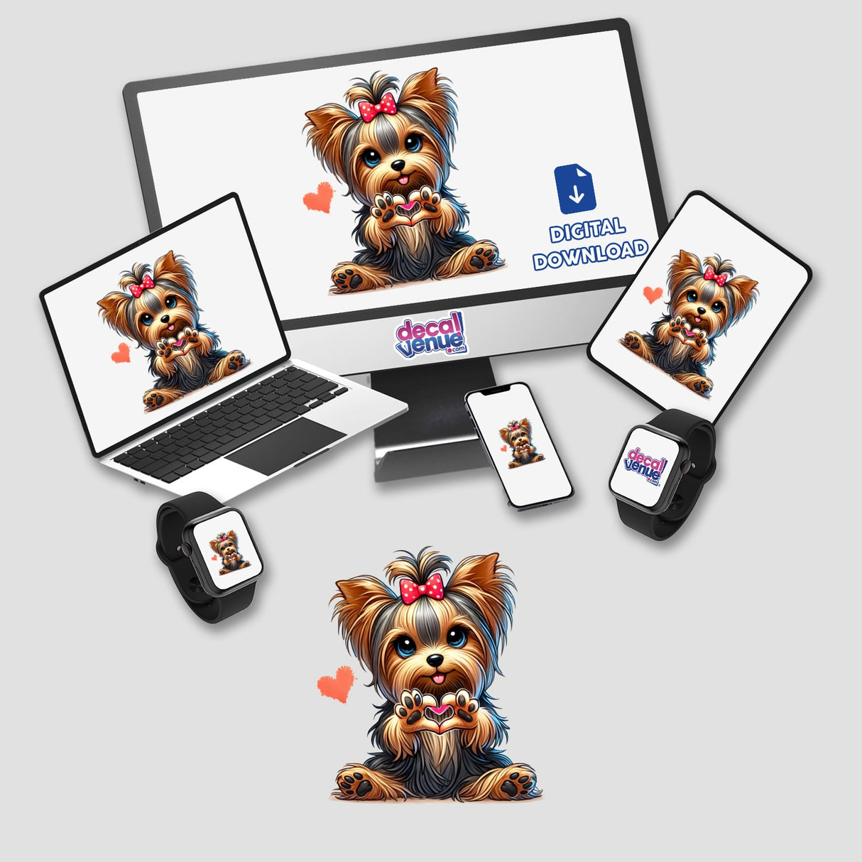 Yorkie Dog Heart Gestures II features a cute Yorkie with a bow on its head displayed on a computer monitor and laptop screens, available as stickers or digital artwork from Decal Venue.