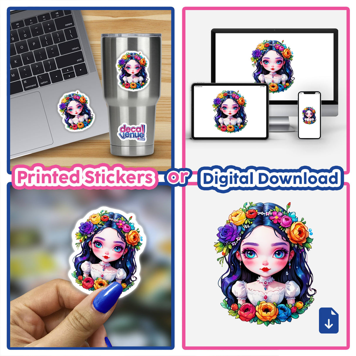 Kawaii Rainbow Goth Bride artwork collage featuring a cartoon girl with flowers in her hair. Includes close-ups of a hand drawing, laptop screens, and sticker on a cup. Available as stickers or digital artwork.