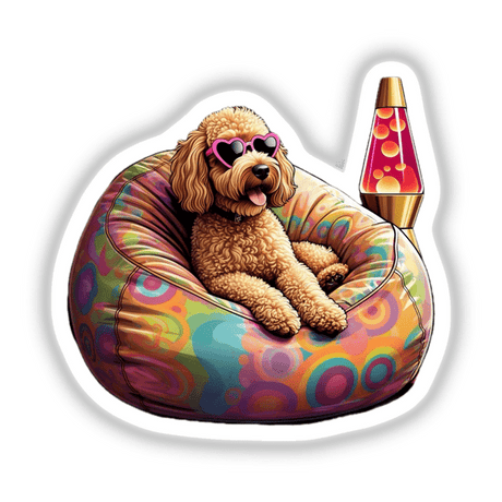 Goldendoodle wearing pink sunglasses sits on a colorful bean bag, accompanied by a lava lamp illustration. Available as stickers or digital artwork from Decal Venue, emphasizing unique vinyl designs.