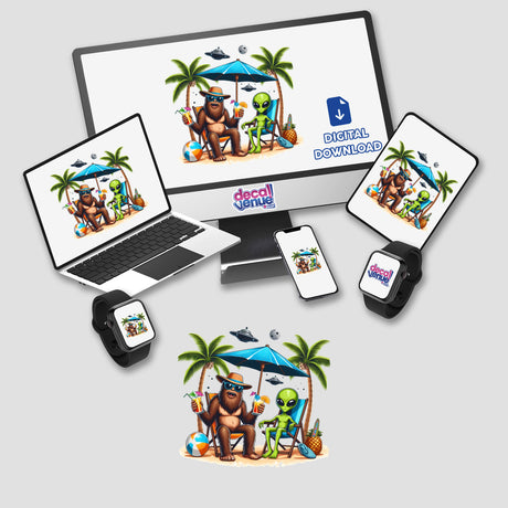 Sasquatch and Alien Chillin on Beach II: A digital artwork featuring a cartoon gorilla and alien relaxing on a beach chair, available as stickers or digital art.