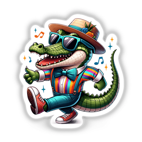 Stylish Crocodile in Hat and Bowtie Dancing