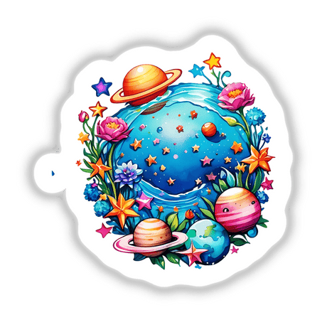 Swimming Pool of Stars and Planets: Cosmic Delight - A whimsical cartoon featuring planets, flowers, and stars, available as unique stickers or digital artwork.