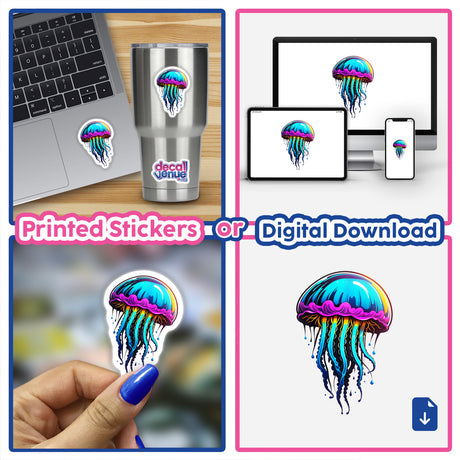 A Blue Jellyfish sticker featuring a vibrant jellyfish with flowing tentacles, available as both stickers and digital artwork from Decal Venue.