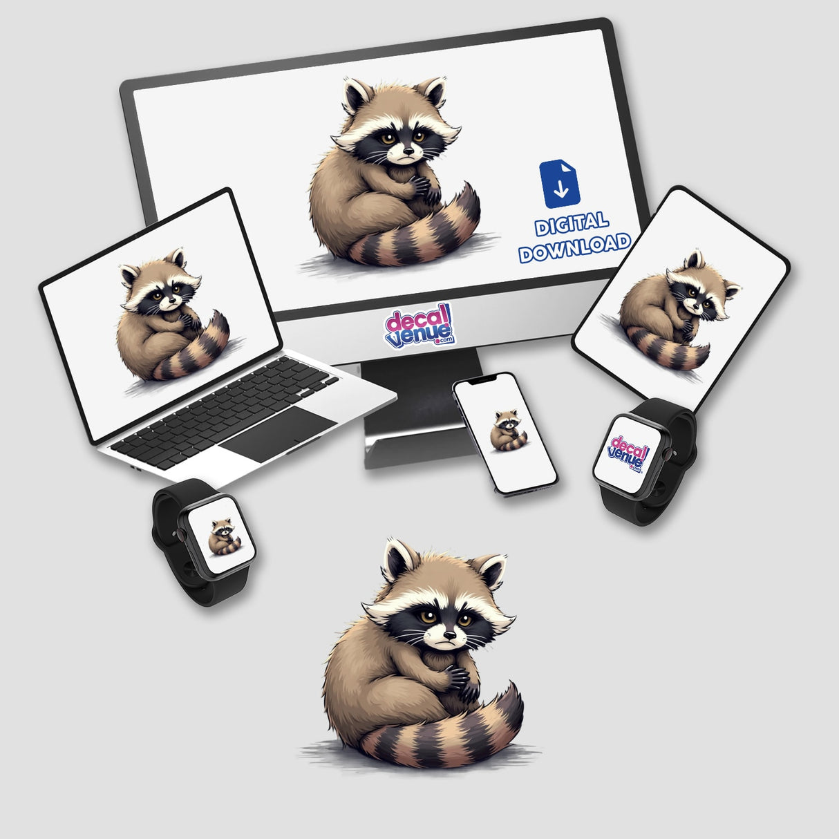 Adorable Raccoon Sitting with Grumpy Expression displayed on a computer monitor and laptop, perfect as stickers or digital artwork from Decal Venue.