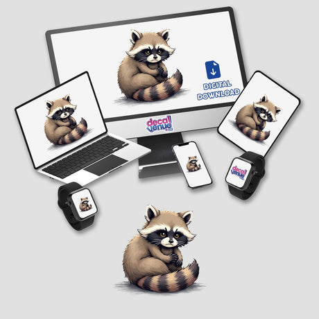 Adorable Raccoon Sitting with Grumpy Expression displayed on a computer monitor and laptop, perfect as stickers or digital artwork from Decal Venue.