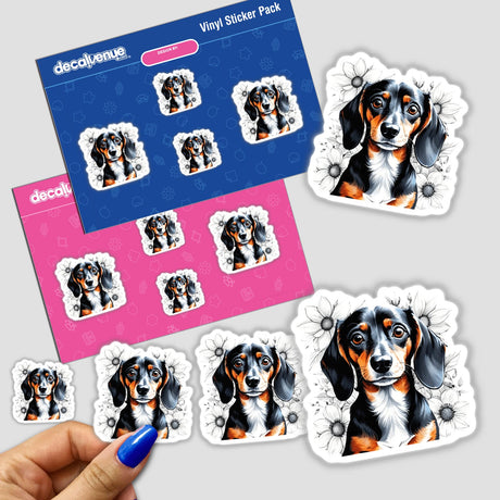 Dachshund Dog Portrait Floral Accents PA15: Stickers featuring a dachshund with floral accents, ideal for decorating personal items or as digital artwork.