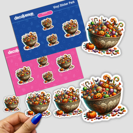 Vibrant pumpkin-shaped bowl filled with assorted Halloween candies, stylishly presented as a set of vinyl stickers. Variety of colorful, whimsical designs showcasing the tempting treats.