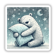 Sleepy Bear Hugging a Pillow Under the Star, depicted as a cartoon bear embracing a pillow with a star above, available as stickers or digital artwork from Decal Venue.