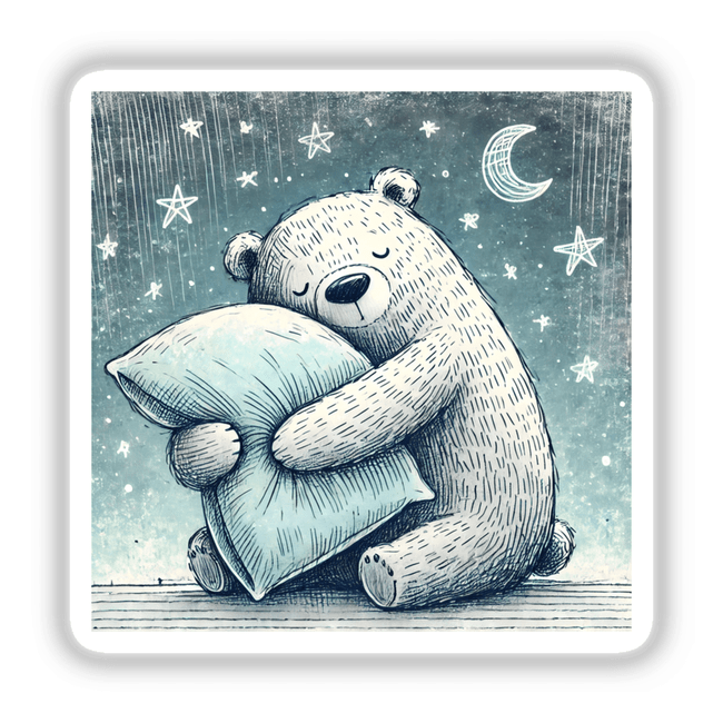 Sleepy Bear Hugging a Pillow Under the Star, depicted as a cartoon bear embracing a pillow with a star above, available as stickers or digital artwork from Decal Venue.