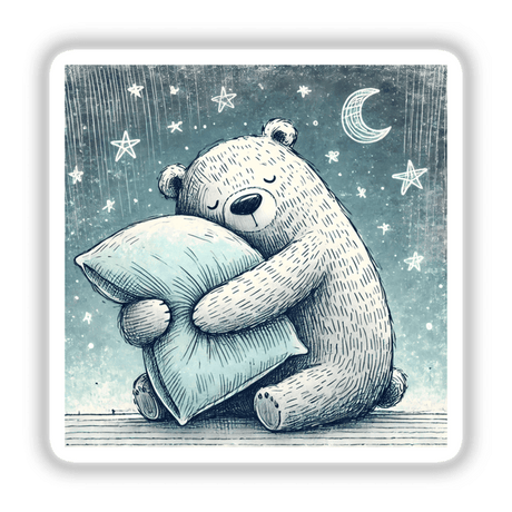 Sleepy Bear Hugging a Pillow Under the Star, depicted as a cartoon bear embracing a pillow with a star above, available as stickers or digital artwork from Decal Venue.