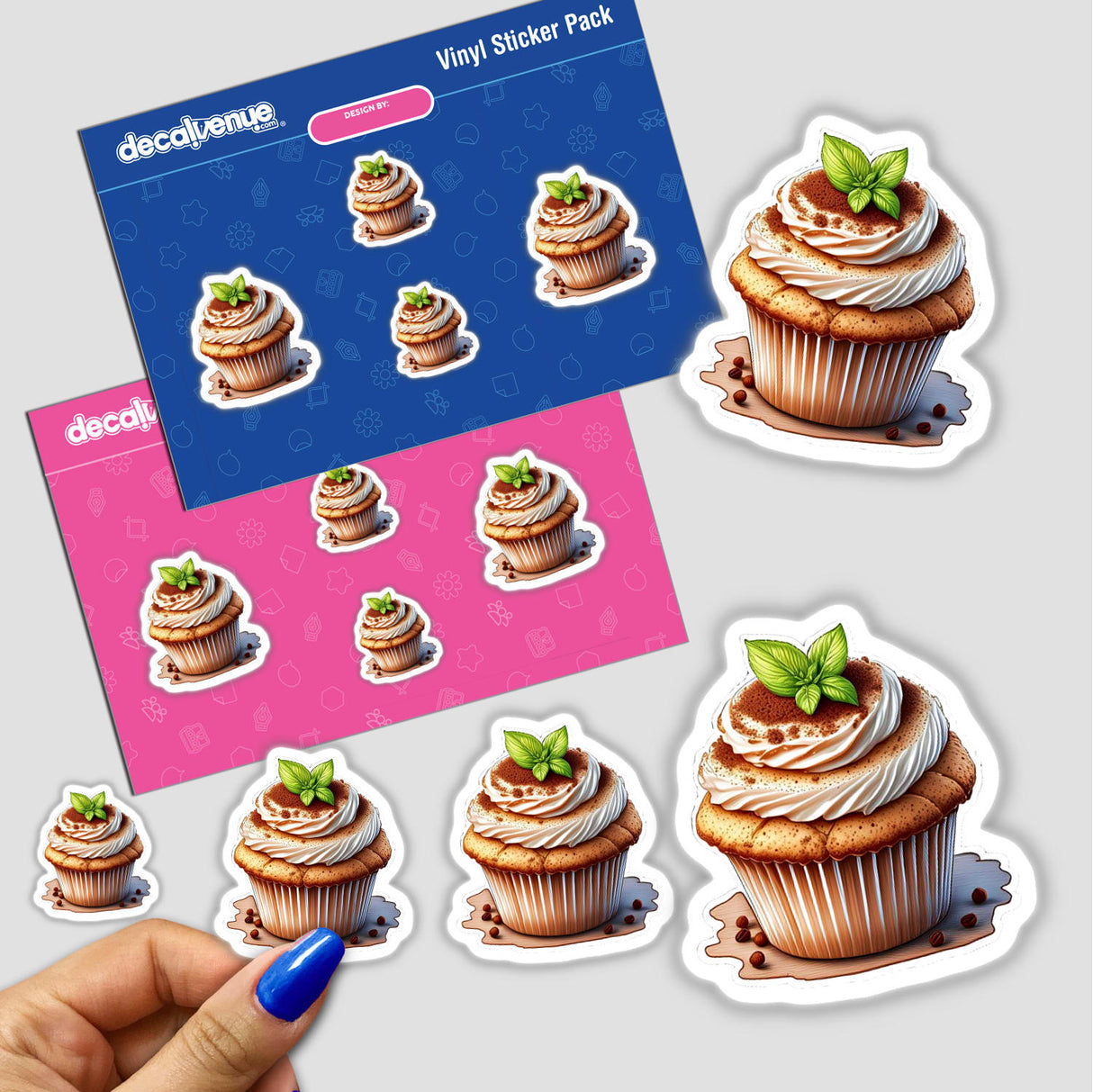 Assortment of delectable tiramisu cupcake stickers, featuring realistic illustrations with piped cream, chocolate shavings, and fresh mint garnishes on a pink and blue background.