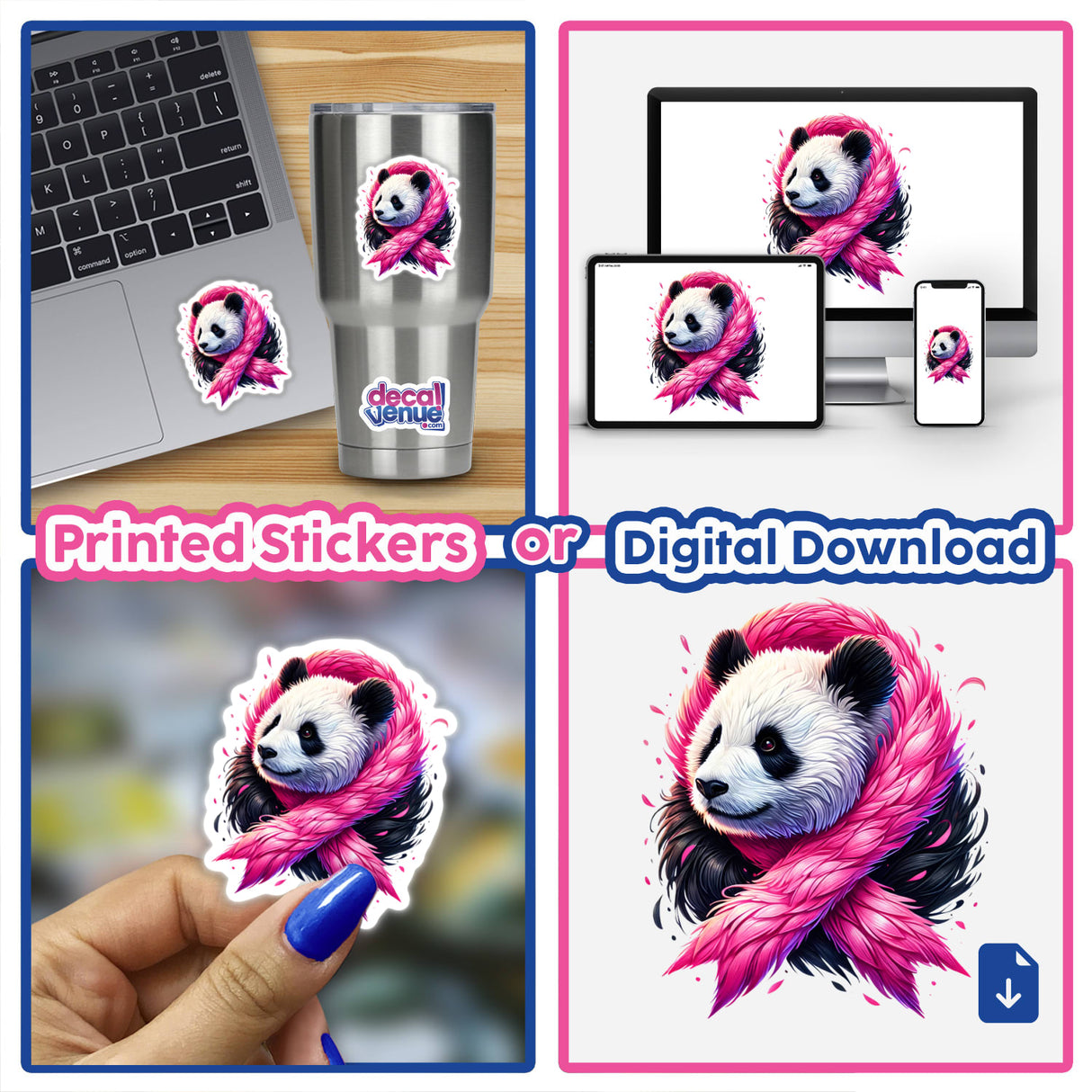 Panda Pink Ribbon Breast Cancer stickers, featuring a panda wearing a pink scarf, displayed on a laptop and a cup, with a hand holding one close-up.