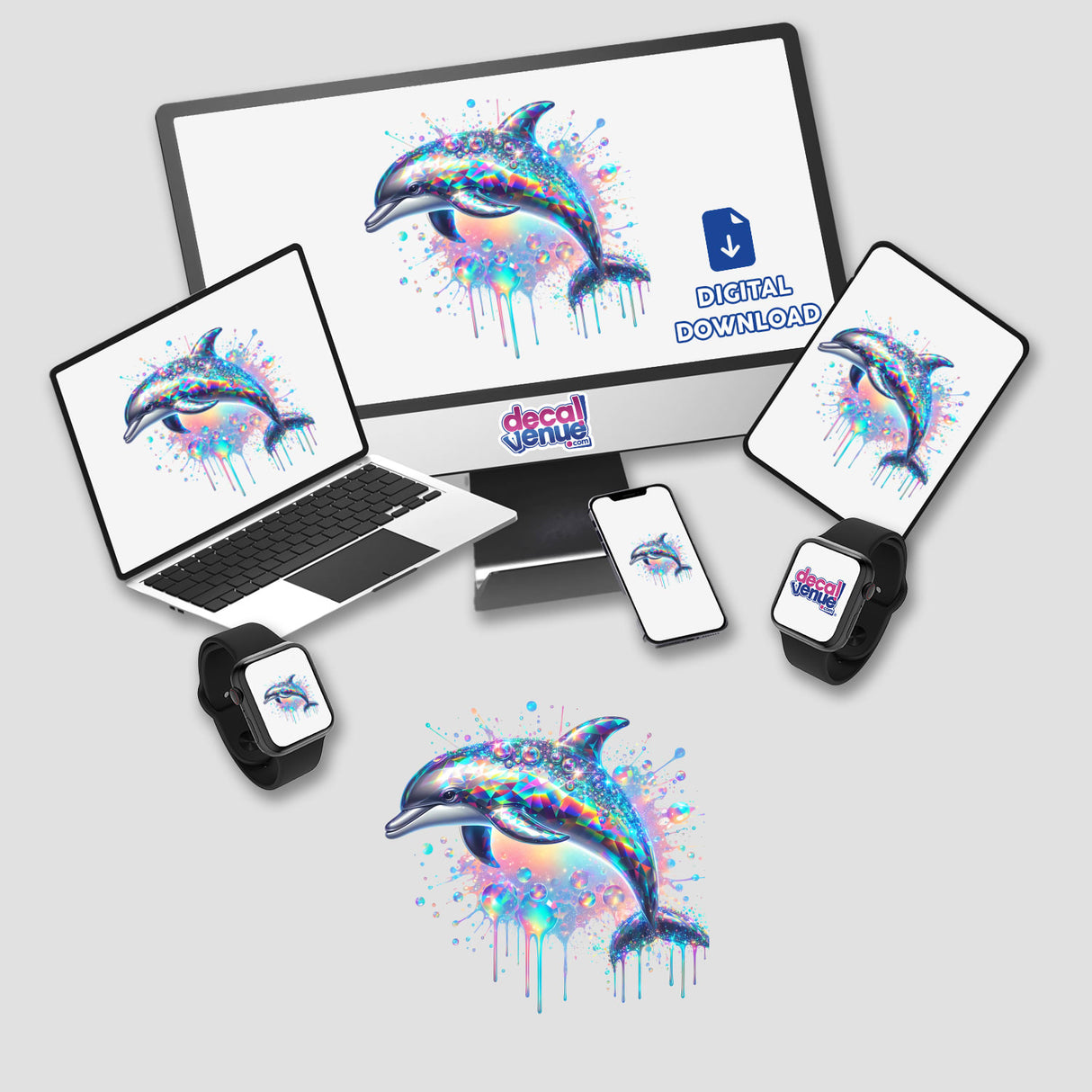 Vibrant holographic dolphin in splash of colorful digital artwork, showcased across multiple device displays.