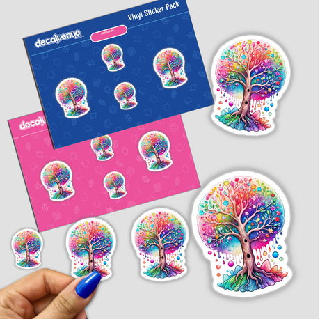 Hand holding a sticker pack featuring Tree of Life Watercolor: Rainbow Floral Splash design.