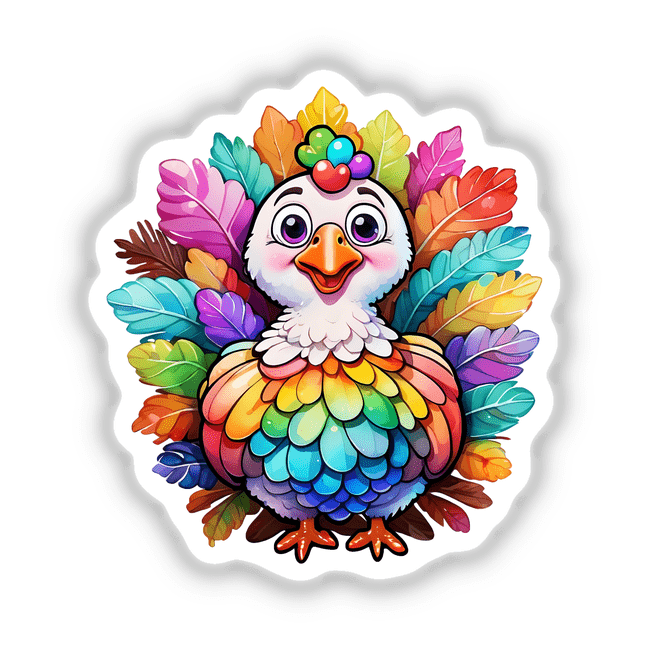 Thanksgiving Turkey Delight: Kawaii Rainbow Floral Splash Sticker featuring a cartoon bird with large eyes and a flower on its head, perfect for vibrant, festive decoration.