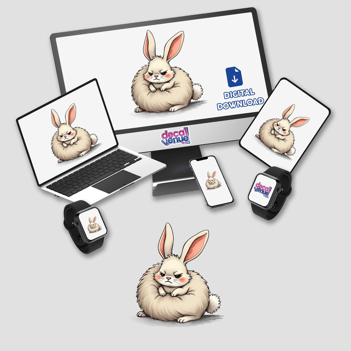 Grumpy Fluffy Bunny with Rosy Cheeks featured on a computer monitor, laptop, tablet, and smartphone screens, available as stickers or digital artwork from Decal Venue.