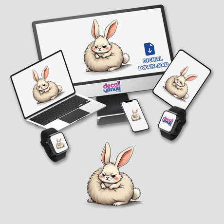 Grumpy Fluffy Bunny with Rosy Cheeks featured on a computer monitor, laptop, tablet, and smartphone screens, available as stickers or digital artwork from Decal Venue.