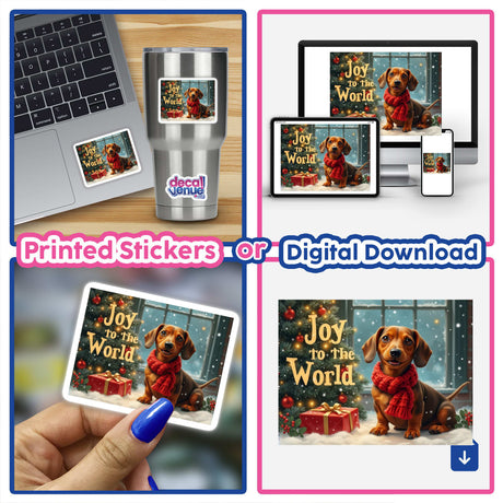 Joy to the World Dachshund Christmas Sticker and Clipart featuring a dachshund wearing a scarf, available as stickers or digital artwork, with commercial rights.