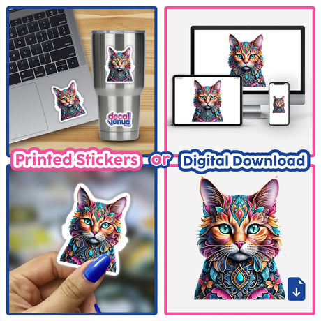 Colorful cat portrait artwork with floral patterns, available as printed stickers or digital download from the Decal Venue online store. Features a vibrant, stylized cat design with intricate, eye-catching details.