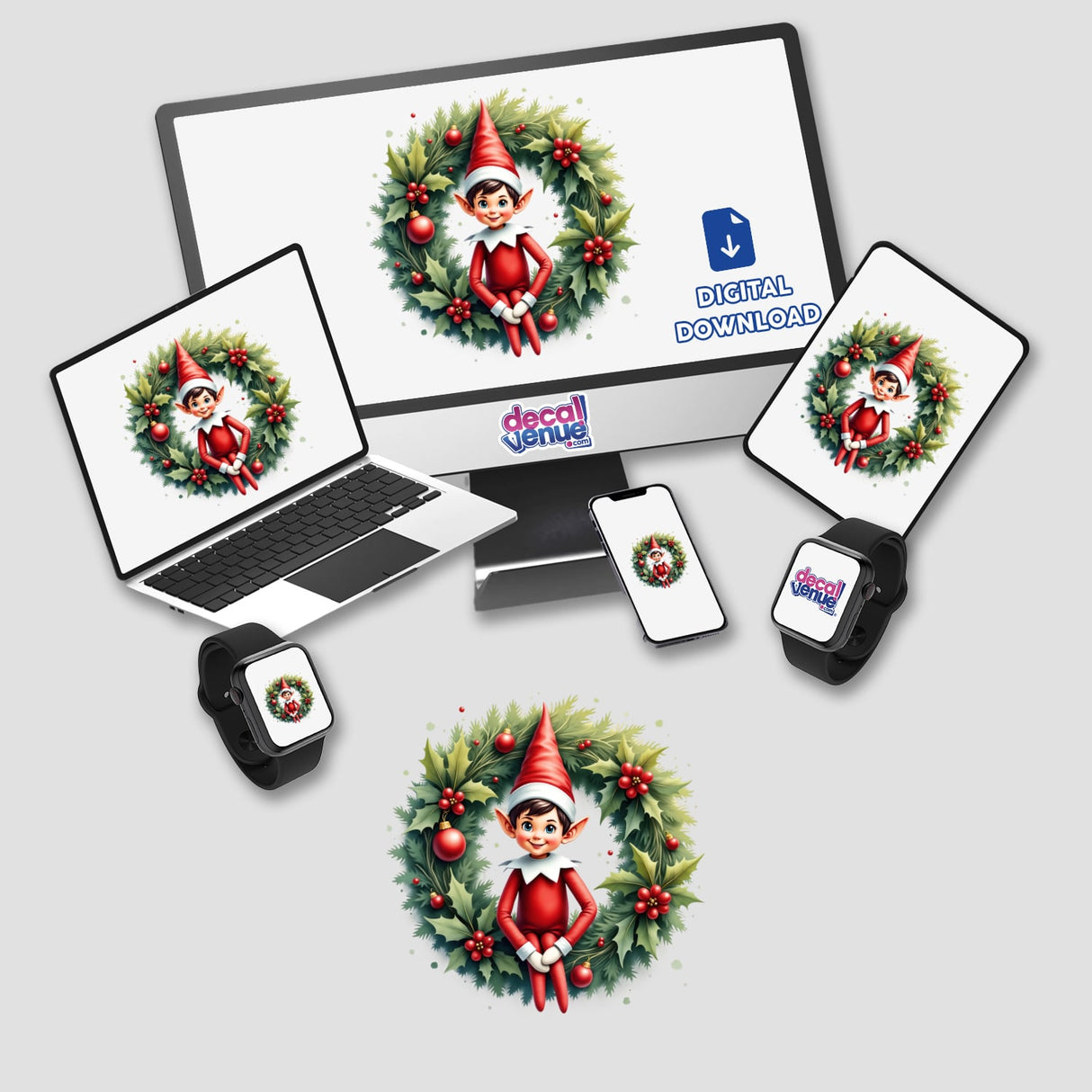 Cheerful Elf in a Christmas Wreath displayed on a computer monitor and laptop, showcasing digital artwork and stickers from Decal Venue.