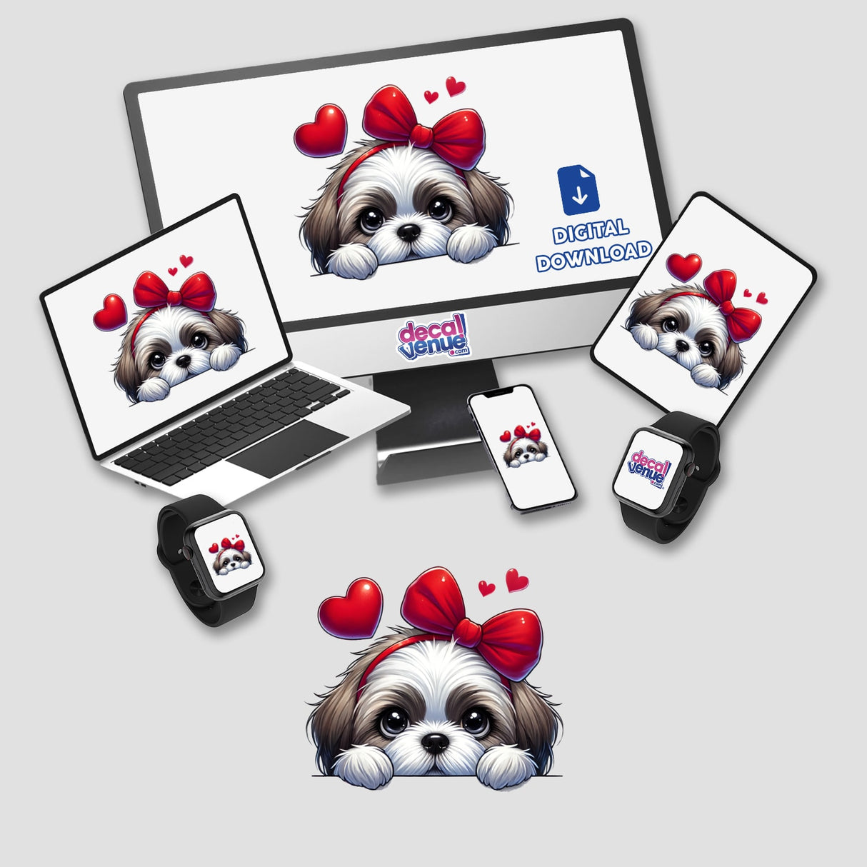 Peeking Valentine Shih Tzu Dog on various devices, featuring a cartoon dog with a red bow. Available as stickers or digital artwork, perfect for unique vinyl decor.