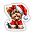 Christmas Yorkie in Santa Outfit II features a terrier wearing a Santa hat and red bow, depicted as a sticker or digital artwork from Decal Venue.