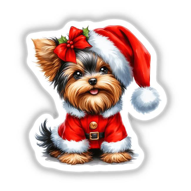 Christmas Yorkie in Santa Outfit II features a terrier wearing a Santa hat and red bow, depicted as a sticker or digital artwork from Decal Venue.