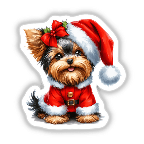 Christmas Yorkie in Santa Outfit II features a terrier wearing a Santa hat and red bow, depicted as a sticker or digital artwork from Decal Venue.